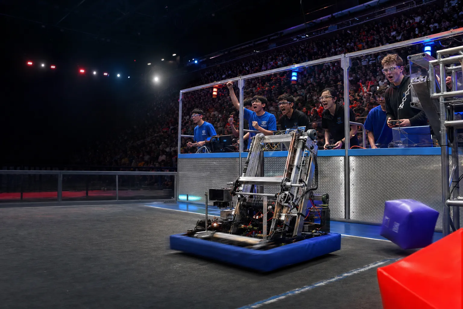 大型ロボットが走る競技フィールドを、ドライブチームと観客が見守るロボット大会